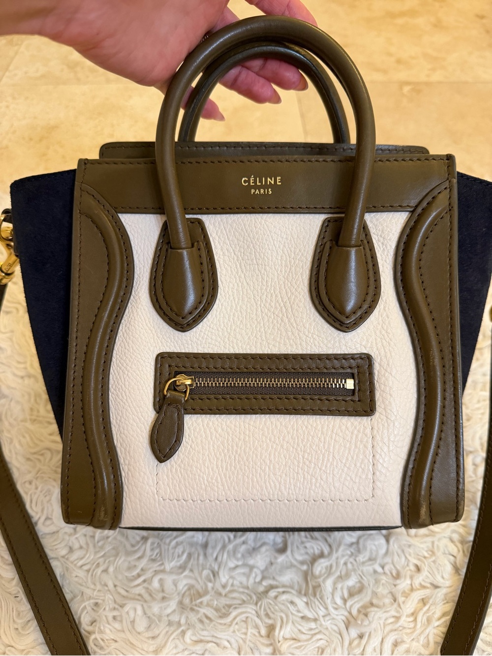 Celine Tricolor Mini Luggage Tote in White, Olive and Black